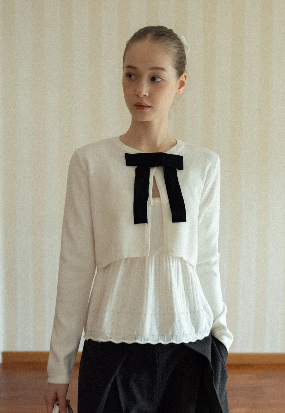 Chic White Cardigan with Bow Tie and Matching Camisole