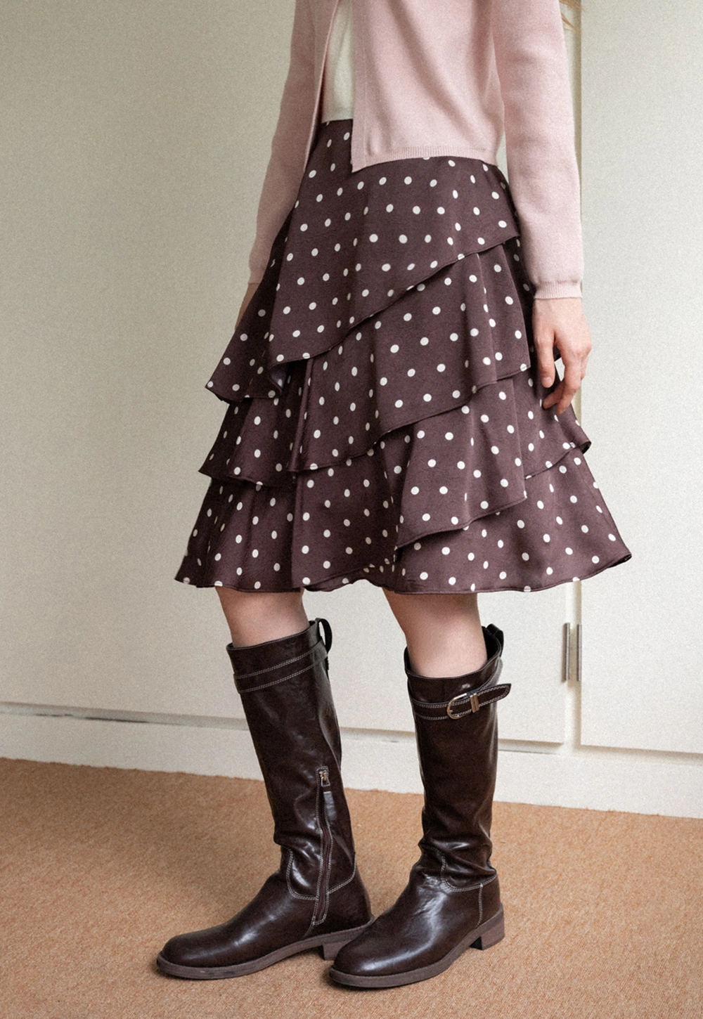 Women Brown Polka Dot Tiered Skirt