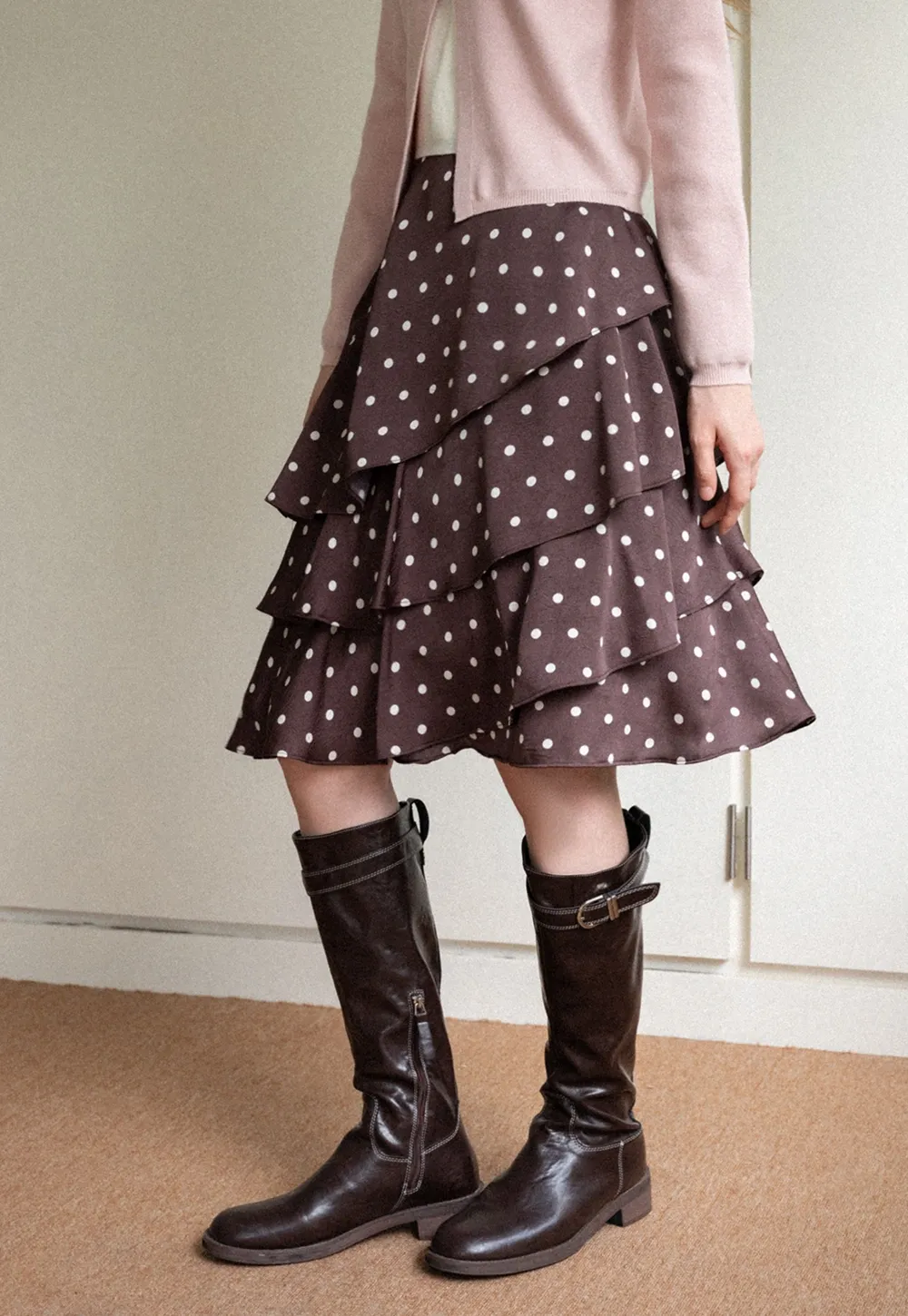 Women Brown Polka Dot Tiered Skirt