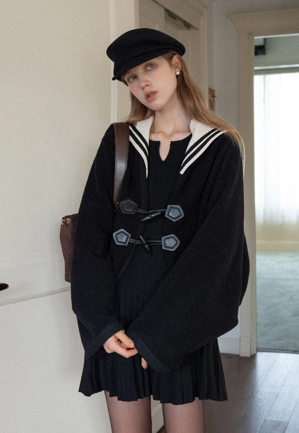 Stylish Black Woolen Coat with Sailor Collar