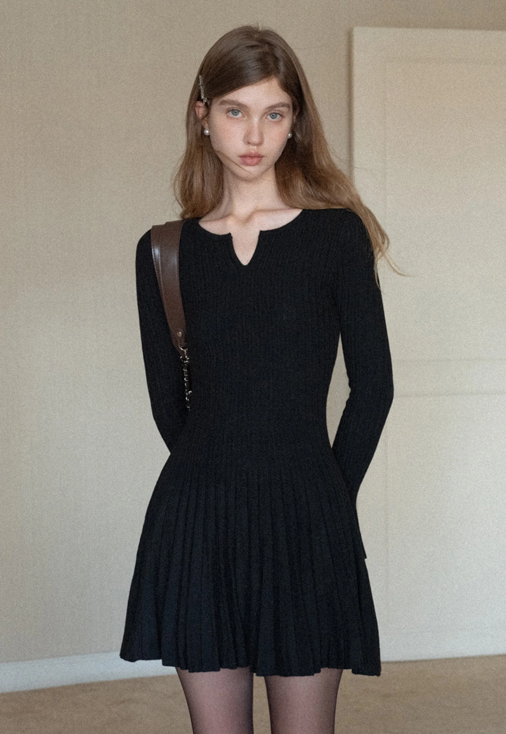 Black Pleated Dress with Bell Sleeves for Women