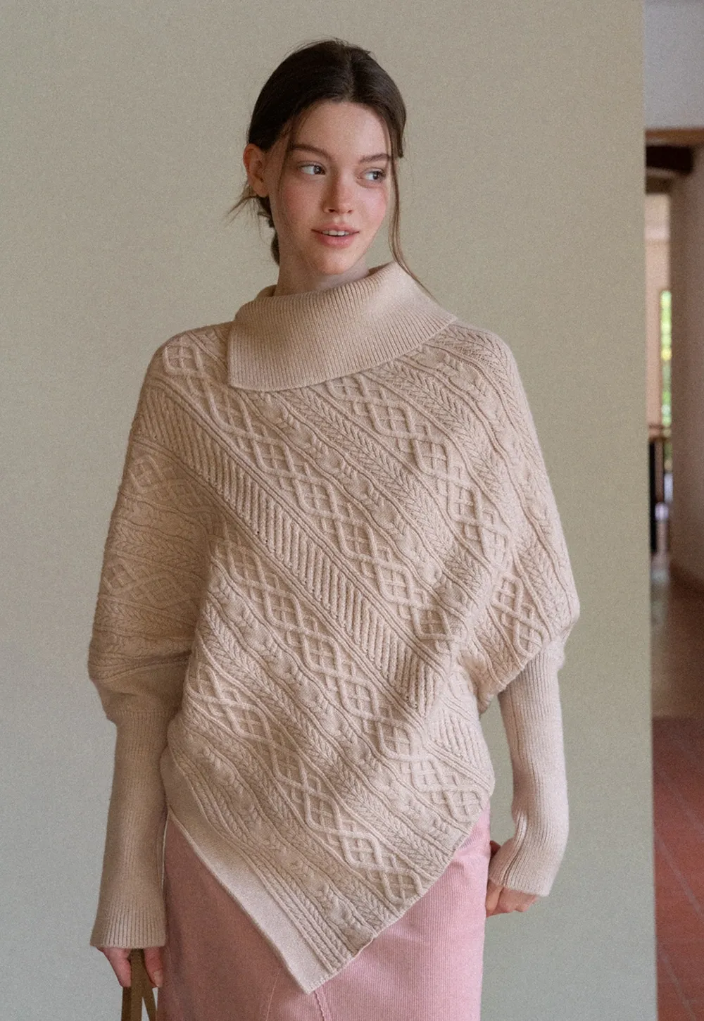 Warm Cable Knit Sweater Poncho for Women