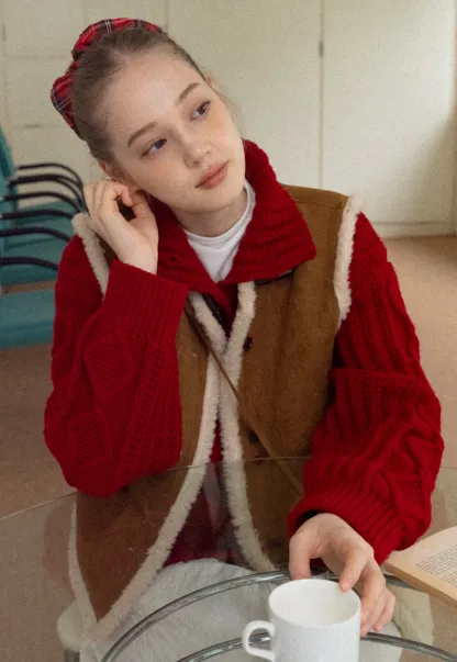 Women Brown Suede Shearling Vest with Warm Fleece Lining