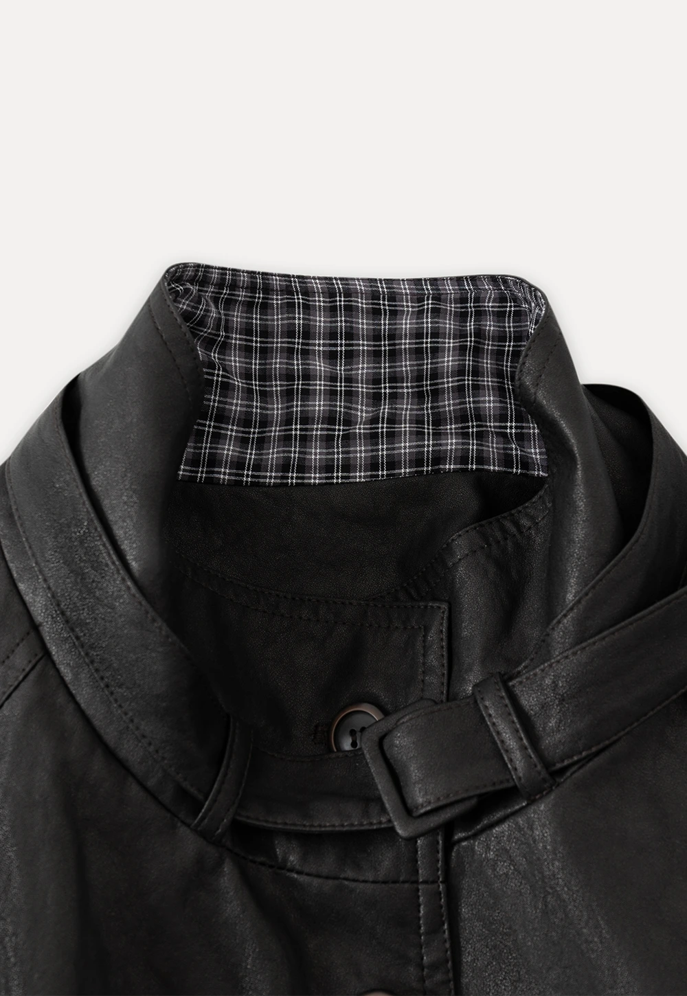 Stand Collar Mid-Length Coat with Plaid Splice and Belt