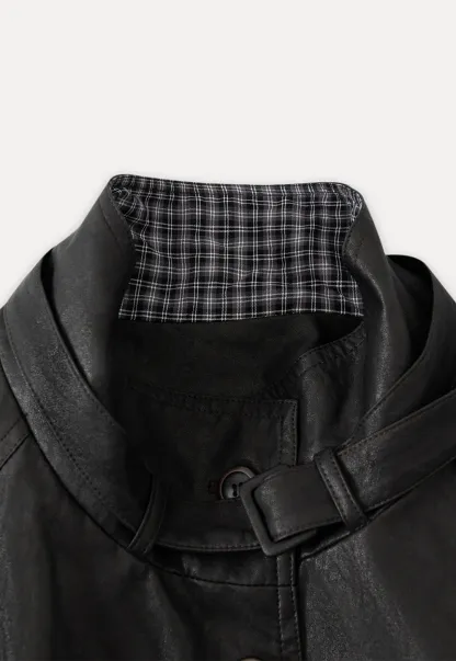 Stand Collar Mid-Length Coat with Plaid Splice and Belt
