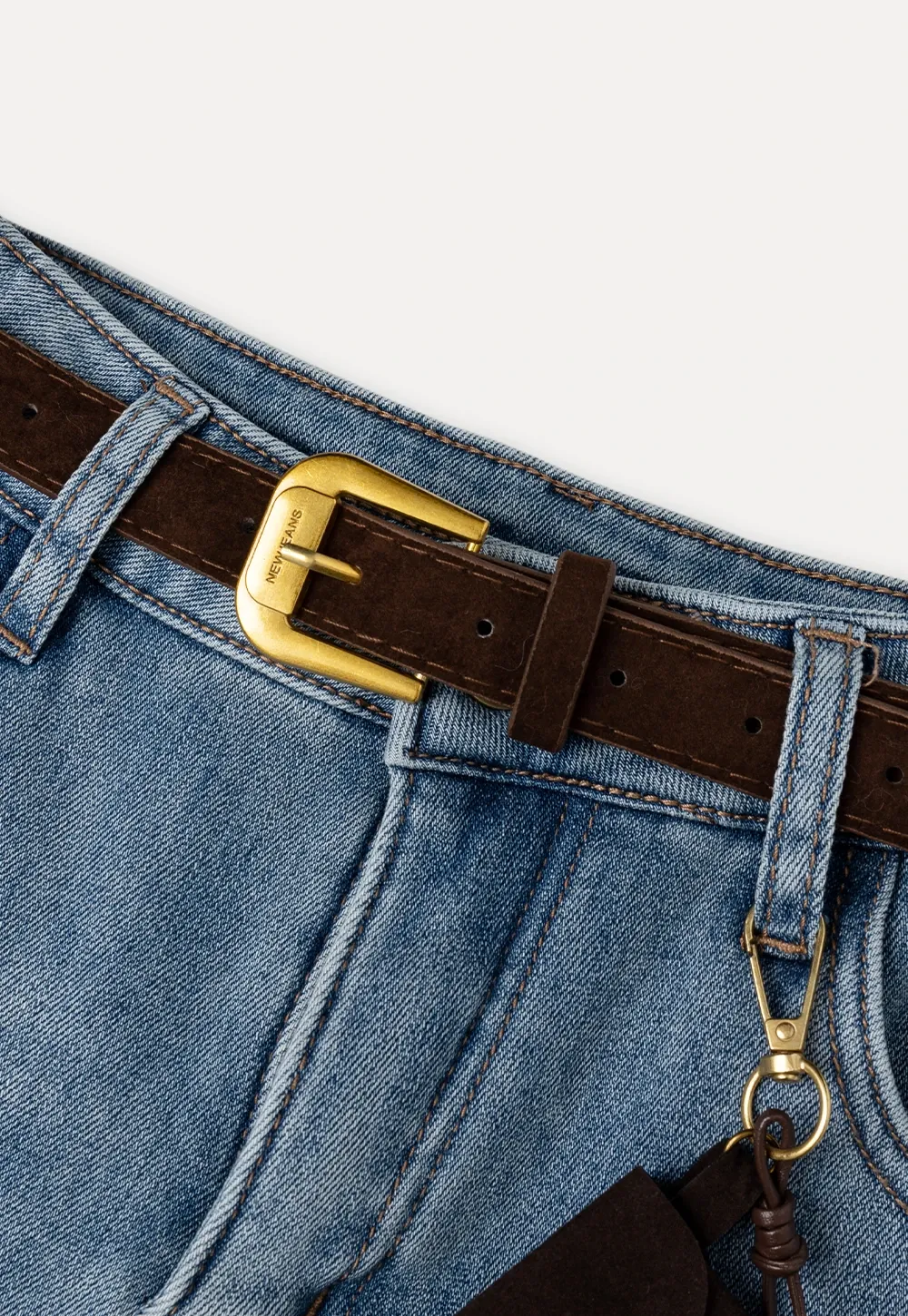 Wide-Leg Denim Jeans with Belt and Charm Detail