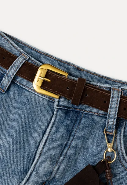 Wide-Leg Denim Jeans with Belt and Charm Detail