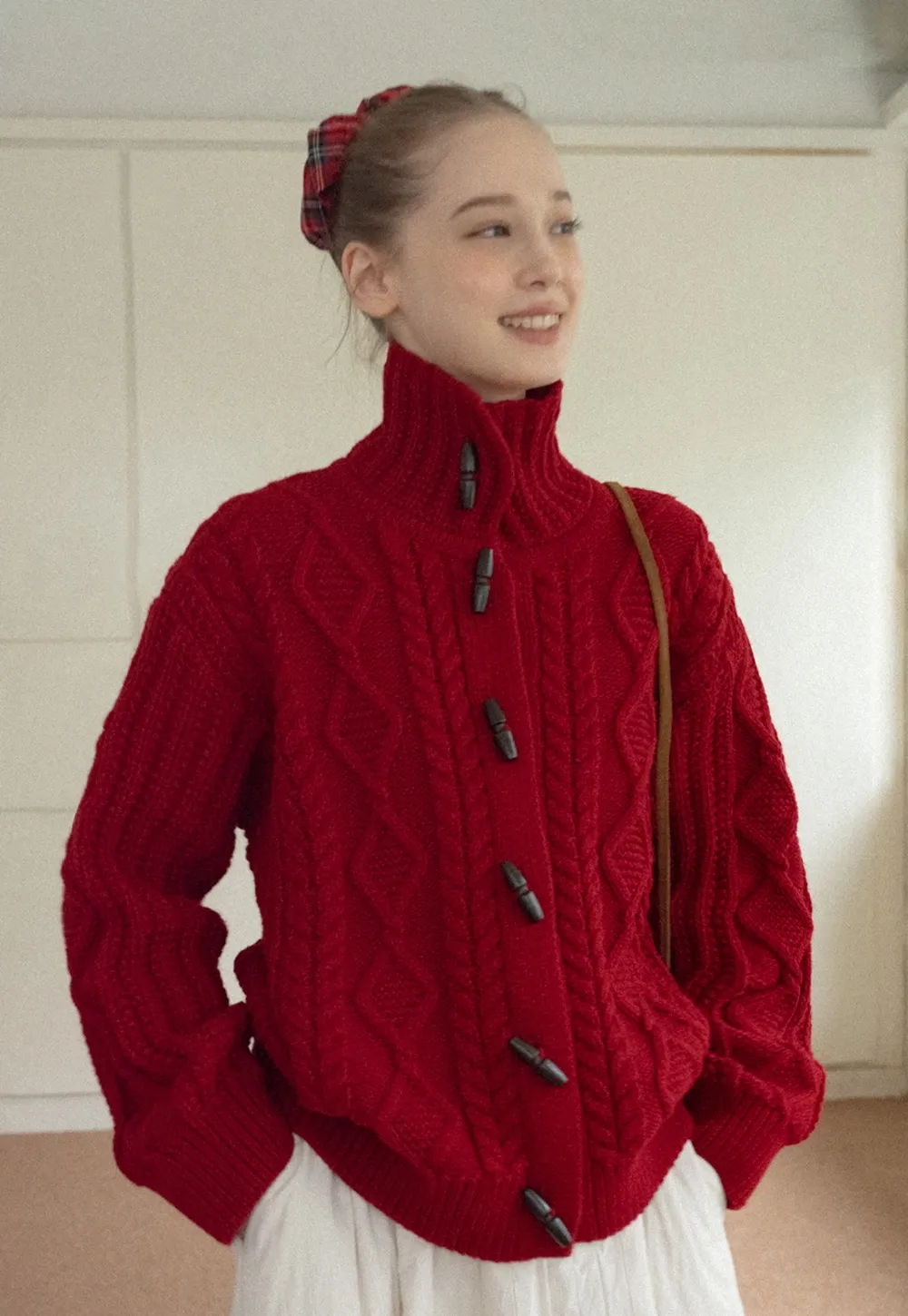 Loose Fit Turtleneck Sweater Cardigan with Cable Knit and Toggle Closure