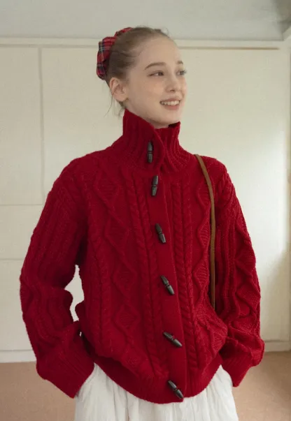 Loose Fit Turtleneck Sweater Cardigan with Cable Knit and Toggle Closure