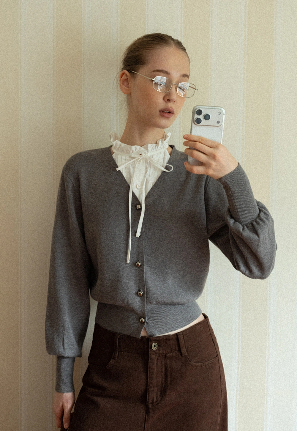 Women V-Neck Cardigan with Puff Long Sleeves