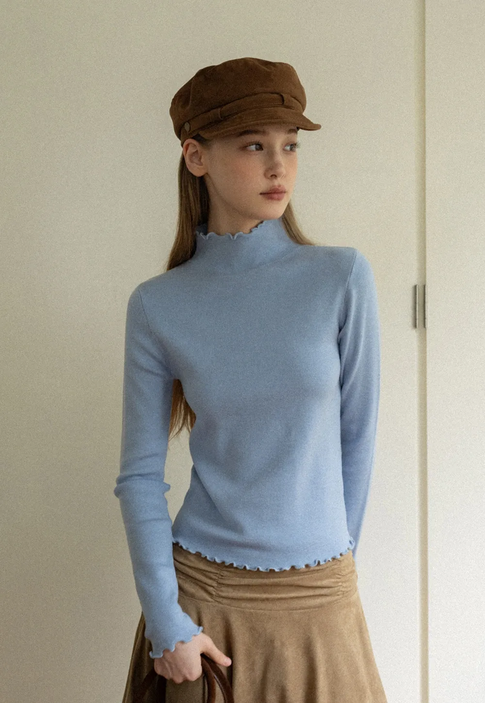 Chic Light Blue Ruffle Trim Turtleneck Sweater