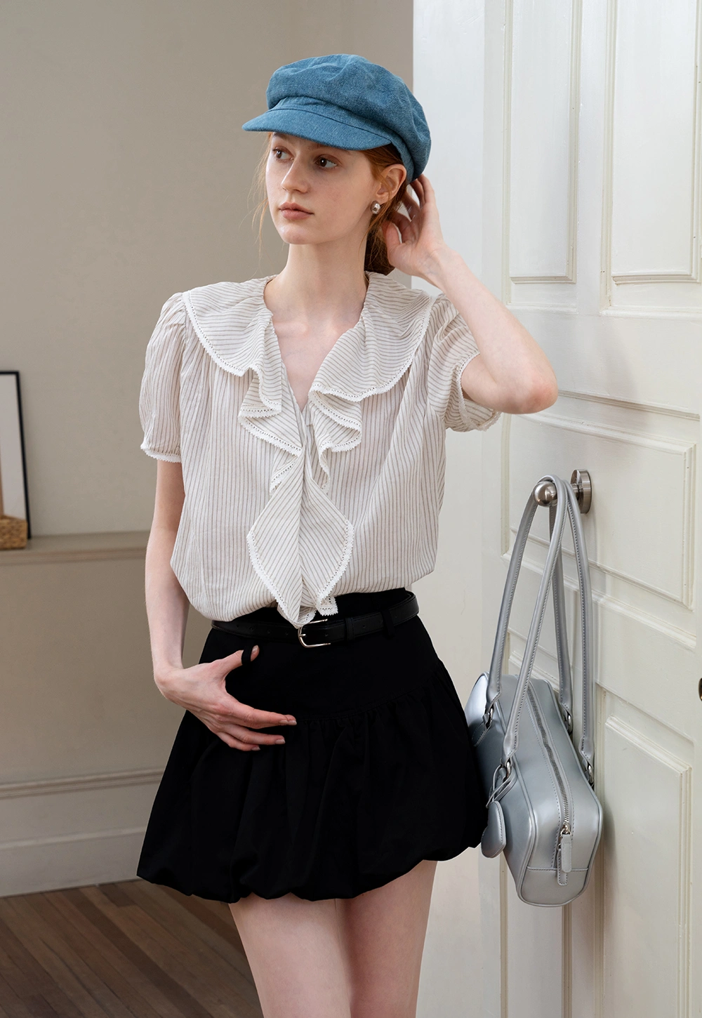Women’s Striped Ruffled V-Neck Blouse with Lace Trim