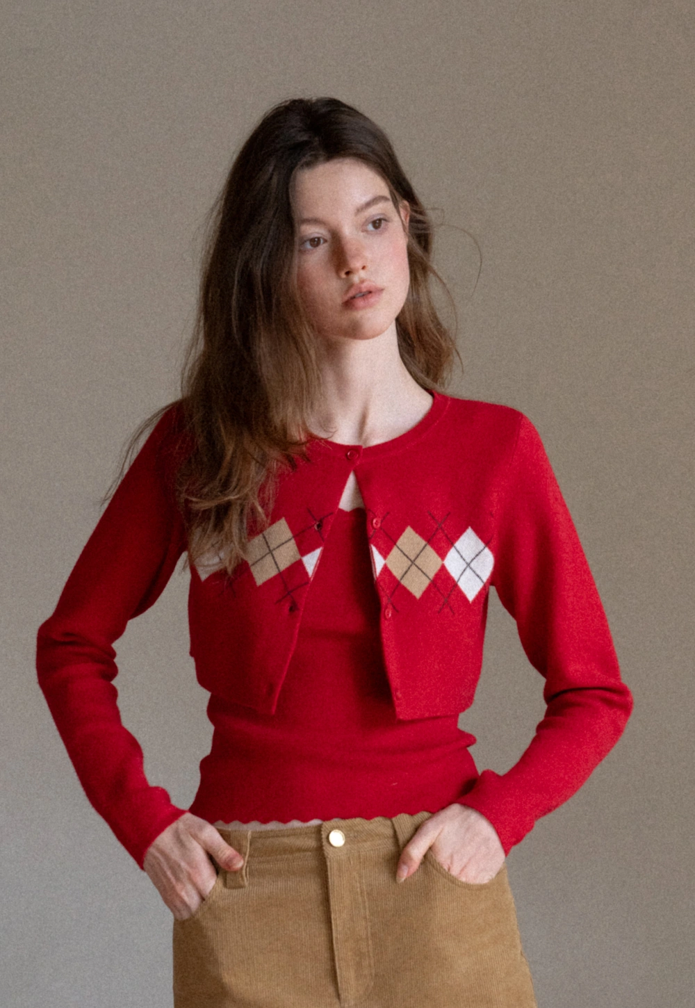 Women Red Tank Top and Argyle Cardigan Set