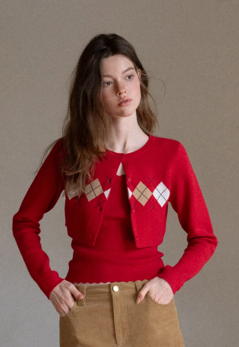 Women Red Tank Top and Argyle Cardigan Set