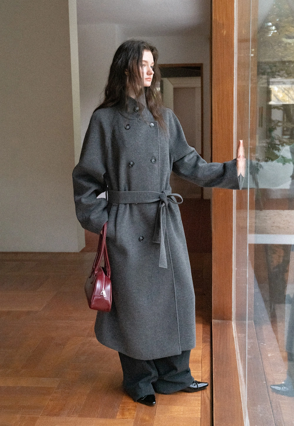 Women Classic Wool Coat with Button Details and Waist Belt