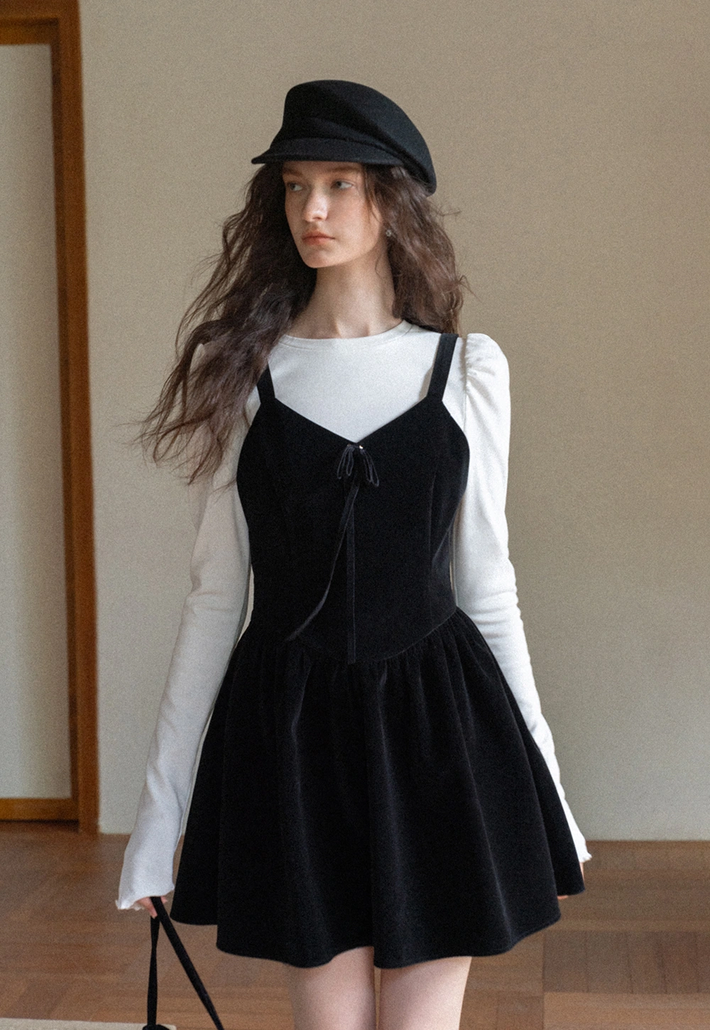 Women Black Velvet Pinafore Dress with Tie Front and Adjustable Straps