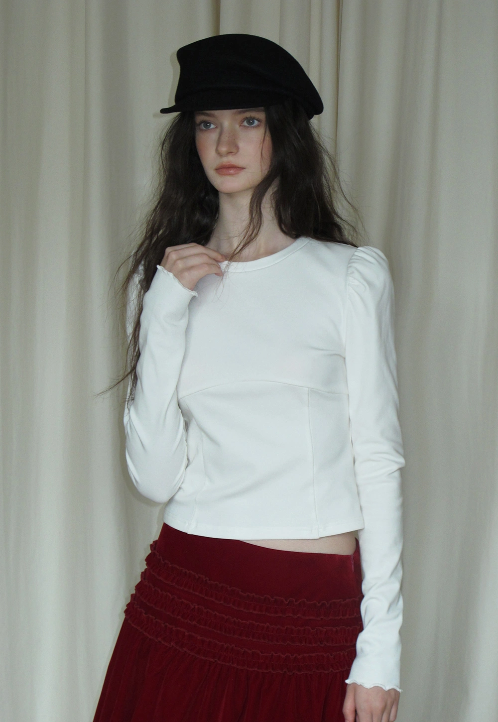 Women White Long Sleeve Top with Puff Sleeves