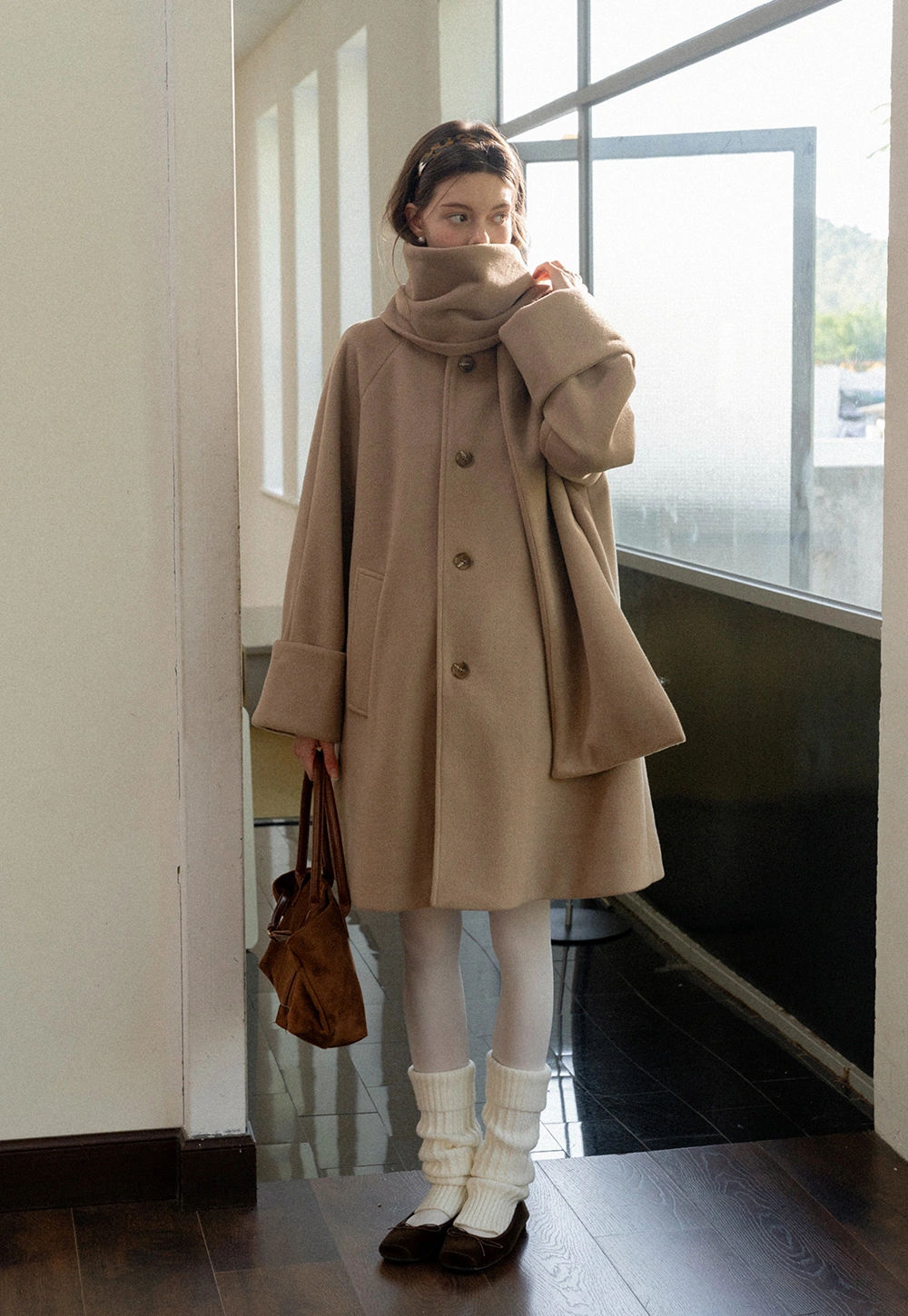 Women Wool Coat with Attached Scarf