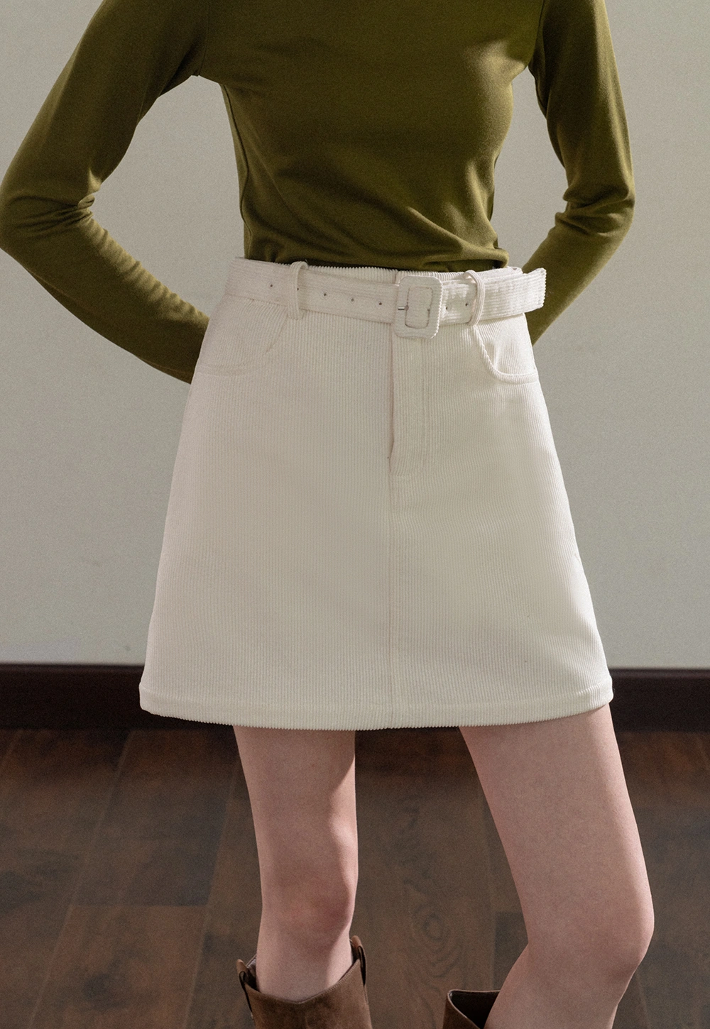 Women White Belted Corduroy Skirt