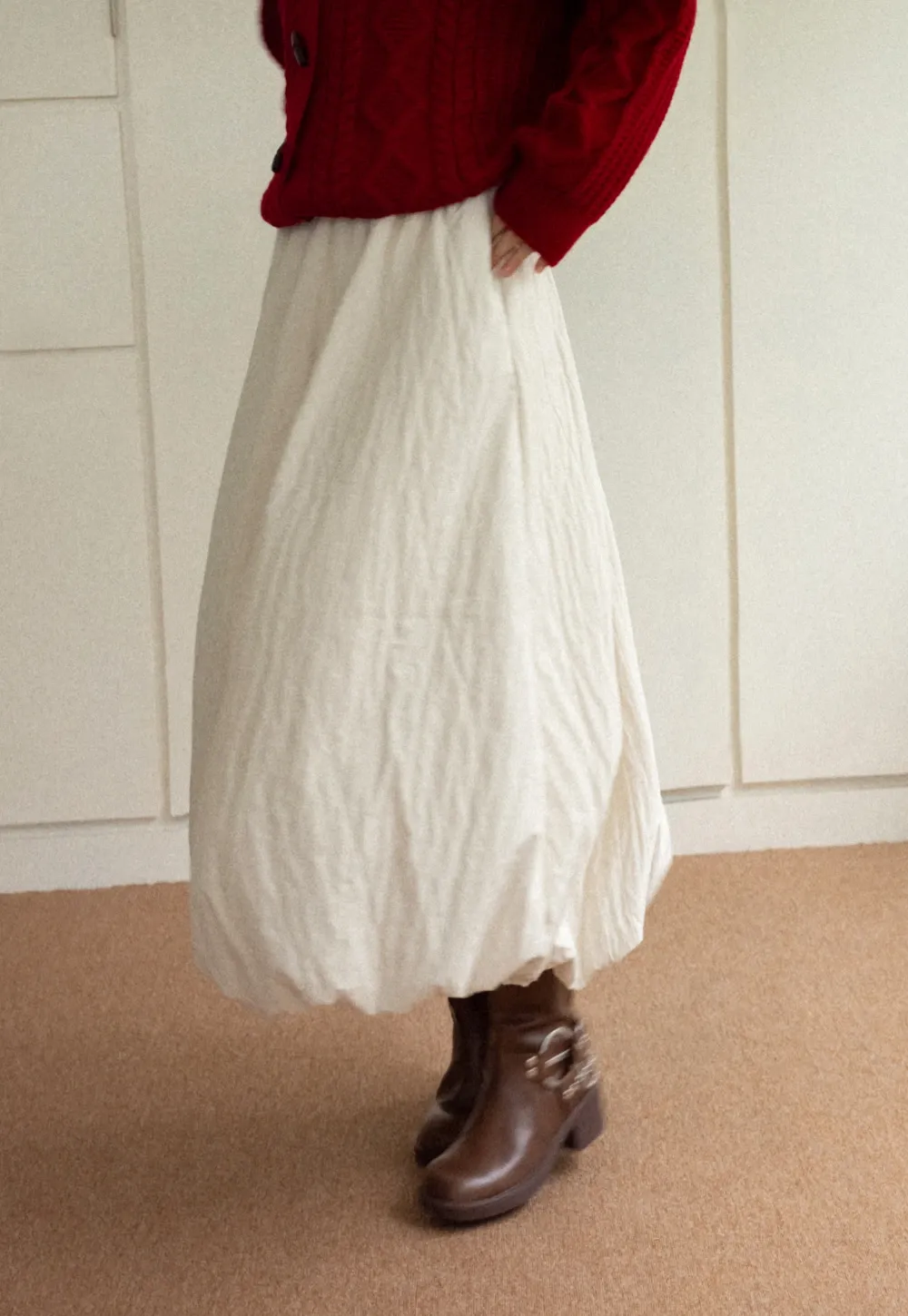 Elastic Waist Textured Puff Midi Skirt