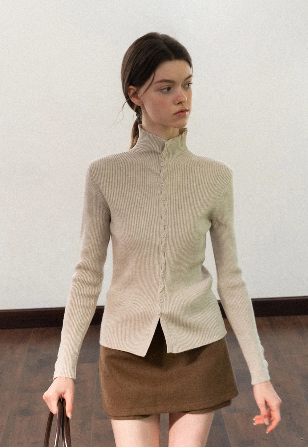 Stand-Collar Twist Button Knit Top