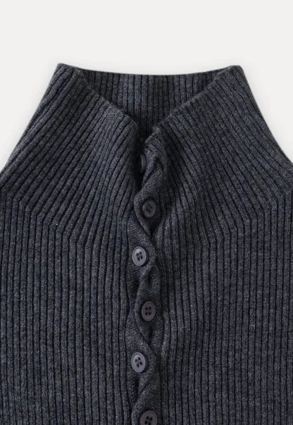 Stand-Collar Twist Button Knit Top