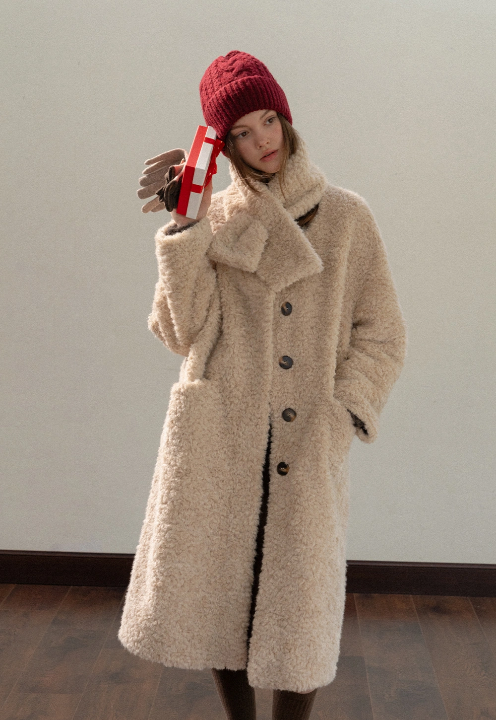 Women Long Fuzzy Teddy Coat with Attached Scarf