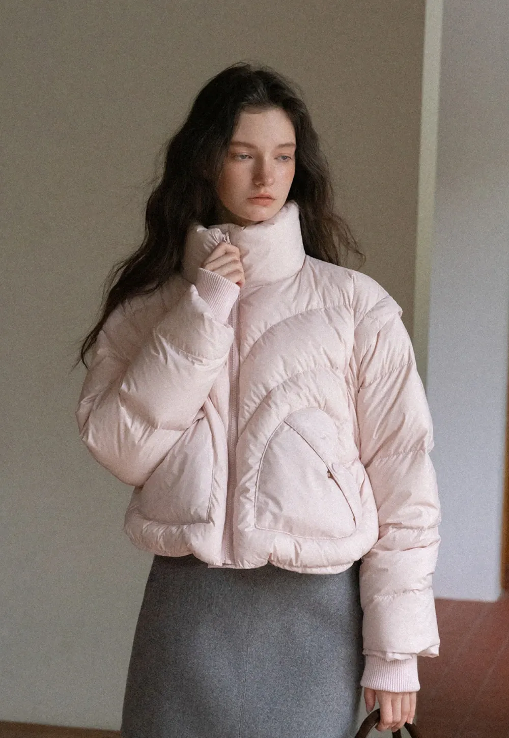 2-Way Short Puffer Jacket with Heart Pockets