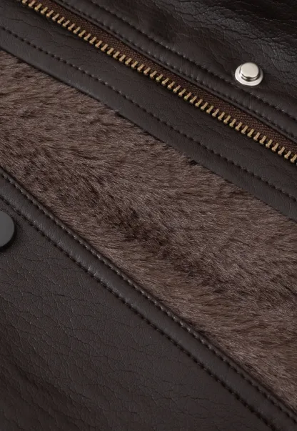 Casual Winter Faux Leather Coat with Soft Fur Collar