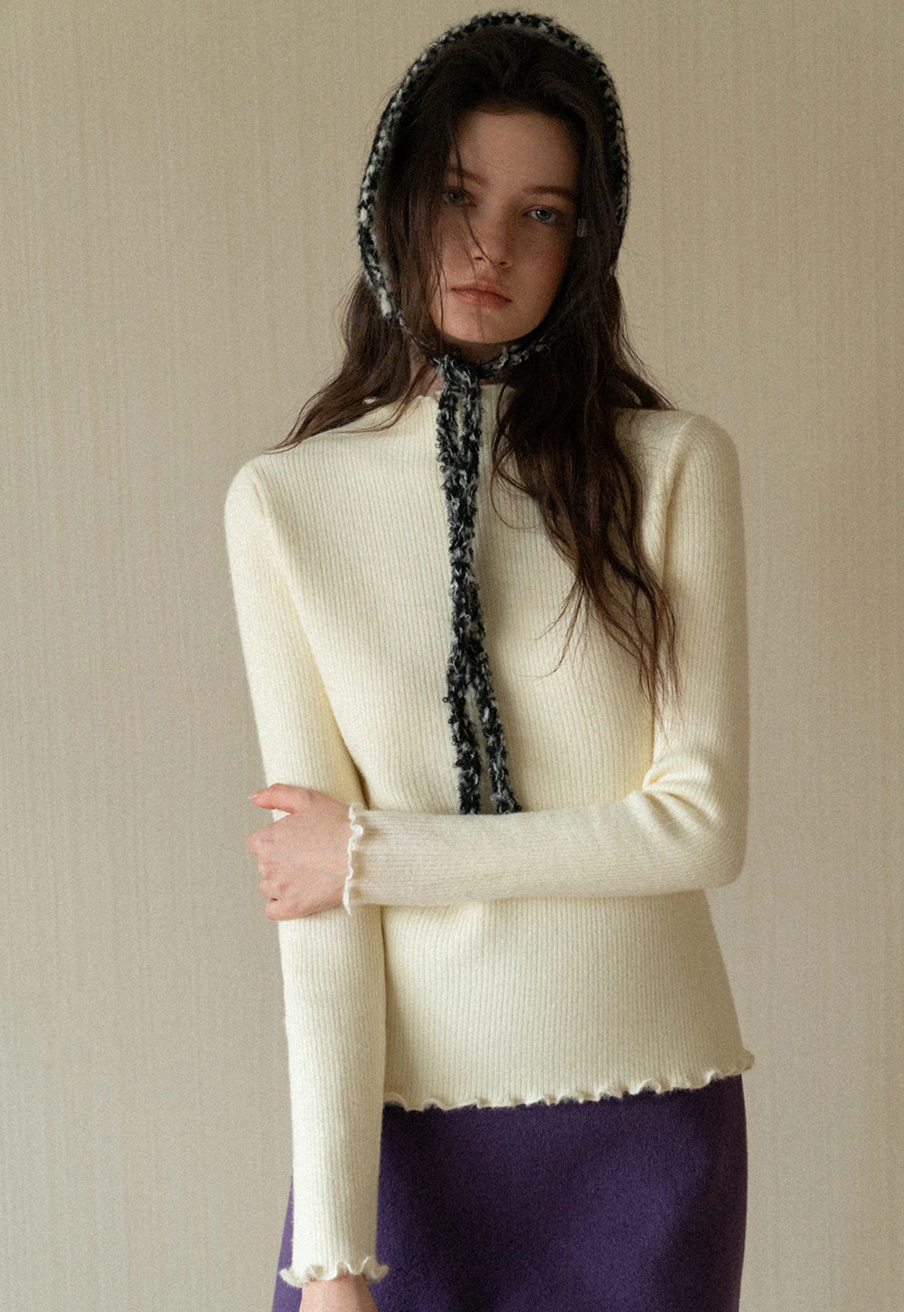 Women Basic Ribbed Sweater with Ruffled Edges