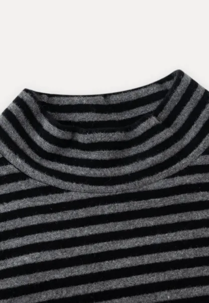 Striped Mock Neck Slim Long Sleeve Tee