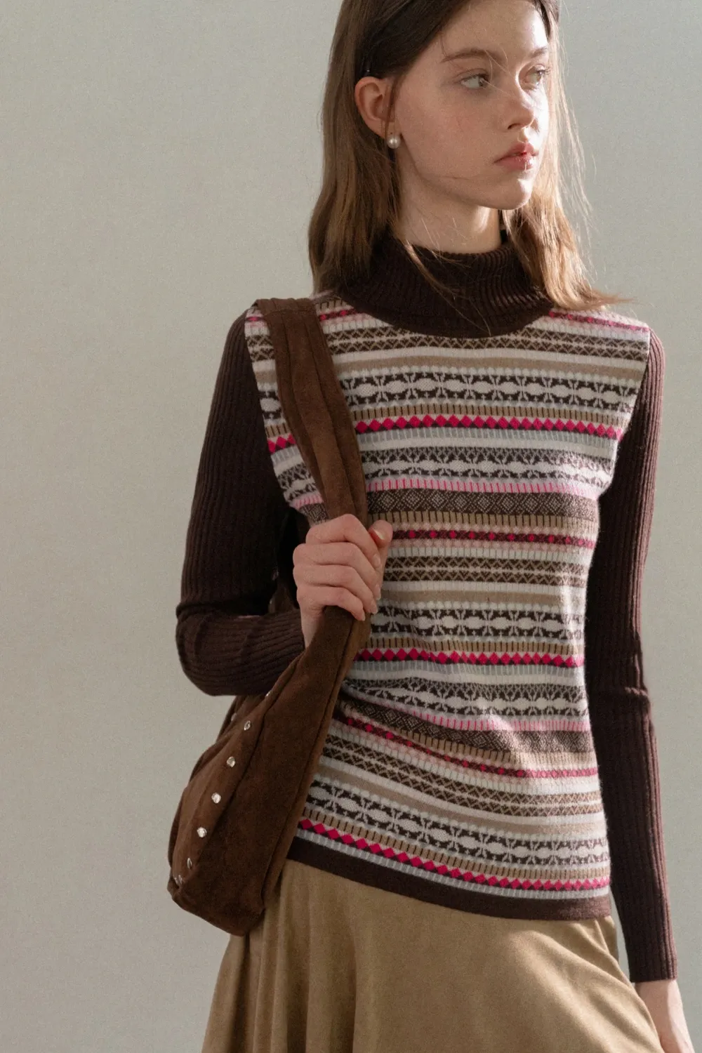 Knitted Turtleneck Top with Colorful Nordic Stripes