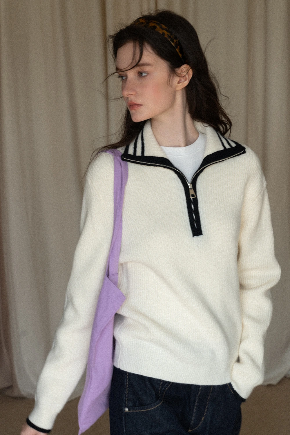 Women’s Sailor Collar Half Zip Sweater