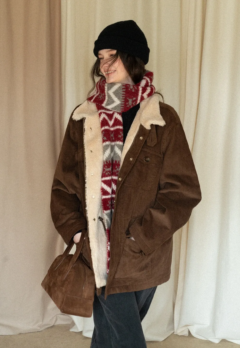 Women Casual Brown Corduroy Coat with Fleece Lining