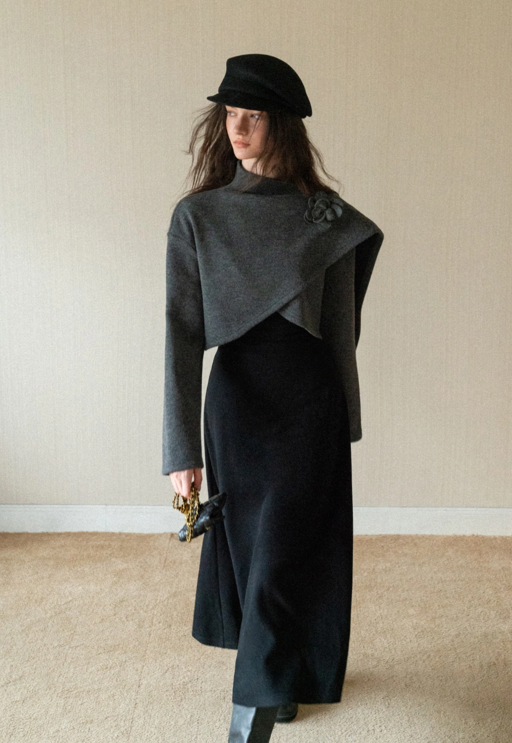 Black Long Sleeve Dress with Grey Cardigan Set