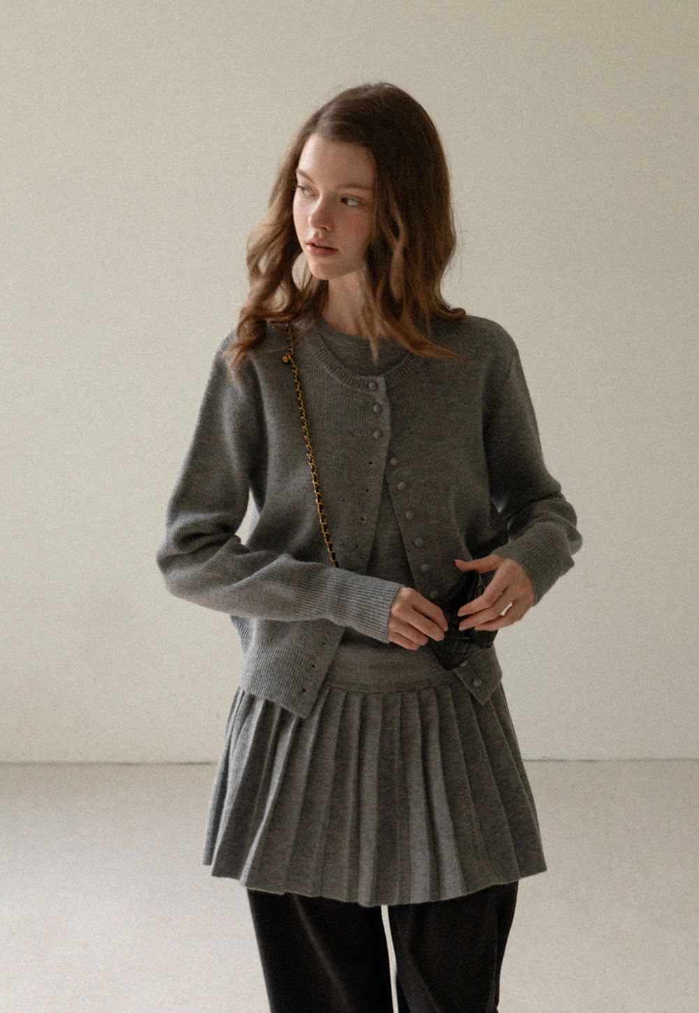 Elegant Pleated Skirt Dress with Knit Cardigan