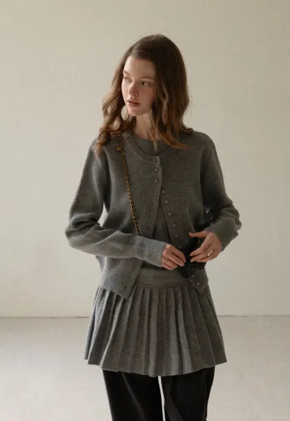 Elegant Pleated Skirt Dress with Knit Cardigan
