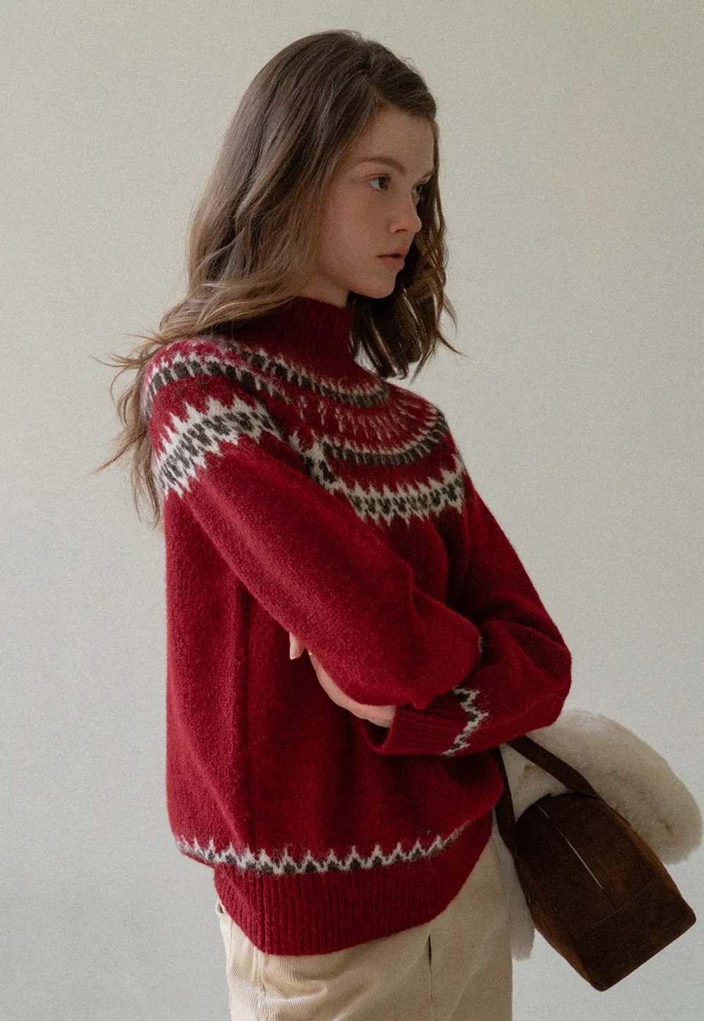 Red Knit Sweater with Fair Isle Pattern