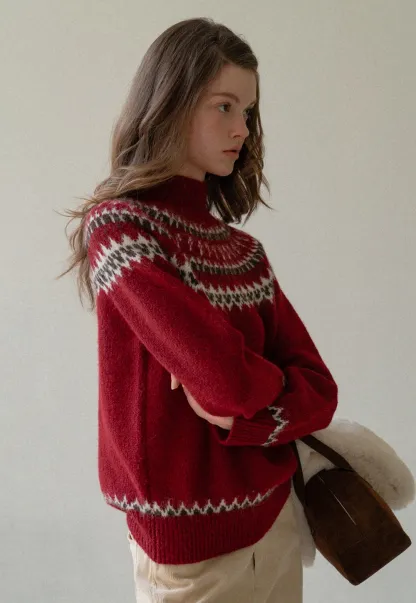 Red Knit Sweater with Fair Isle Pattern