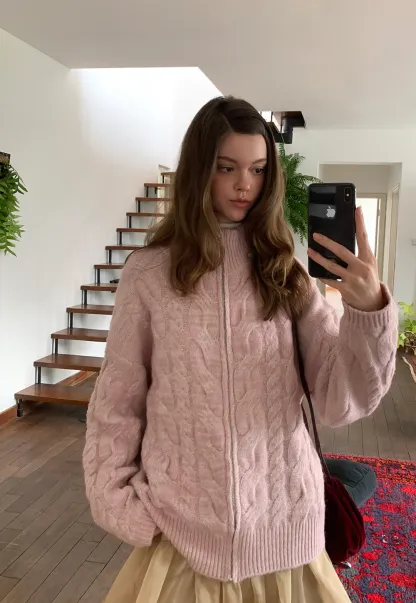 Women Cozy Cable Knit Cardigan with Zipper