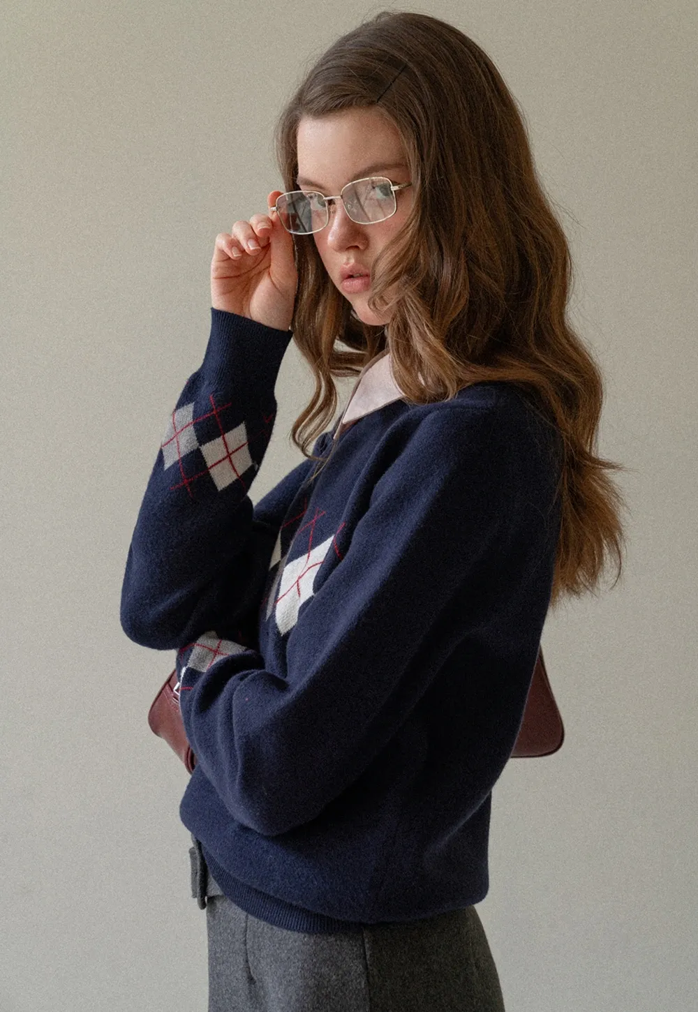 Navy Blue Sweater with Argyle Pattern for Women