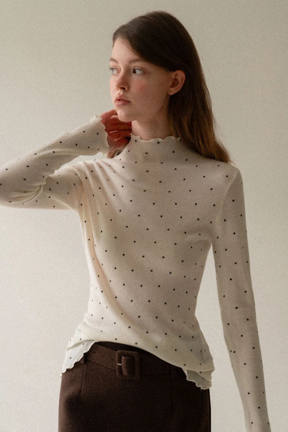 Polka Dot High Neck Ruffle Knit Top
