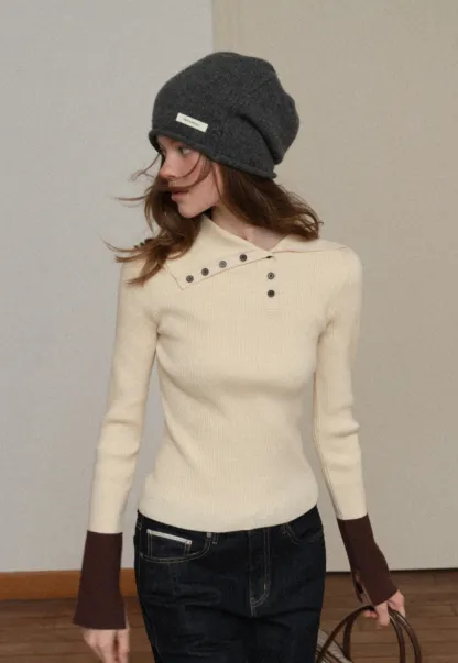 Women Stylish Ribbed Knit Top with Button Neck