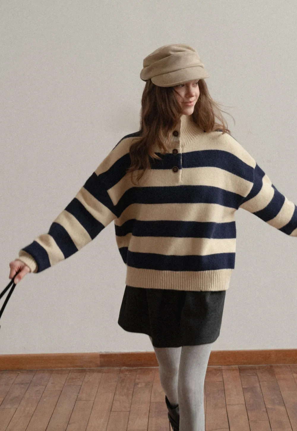 Striped Button-Down Sweater with Cozy Collar