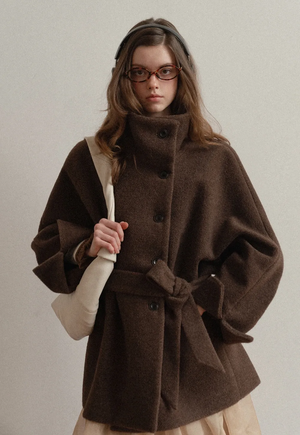 Winter Woolen Coat with Belt and Button Fastening