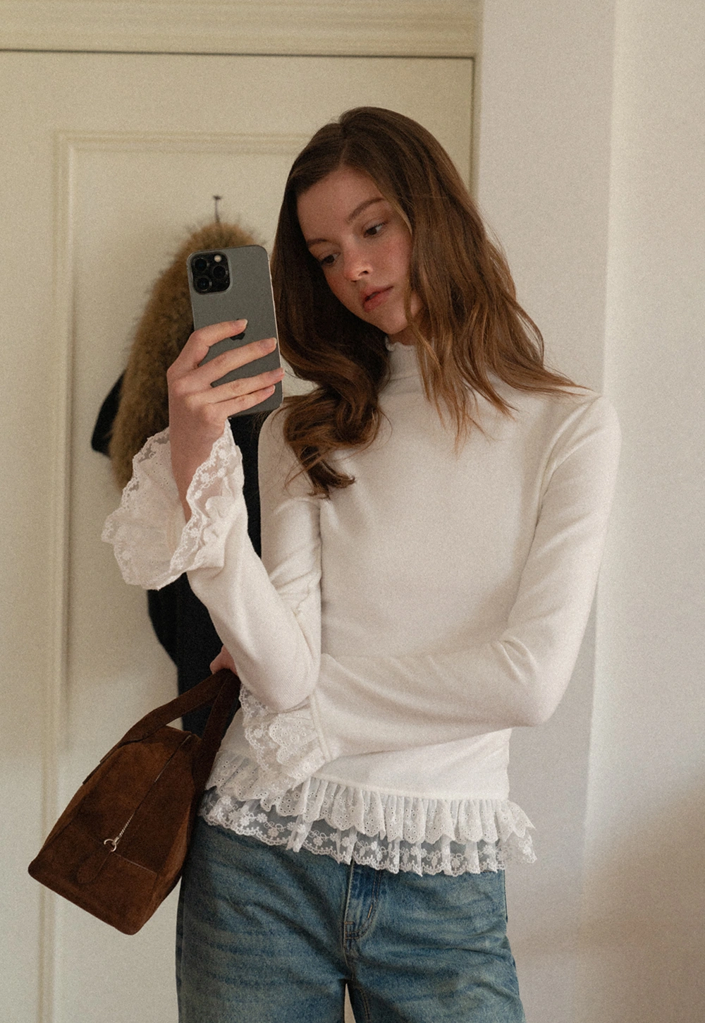 Women White Lace Trim Mock Neck Long Sleeve Top