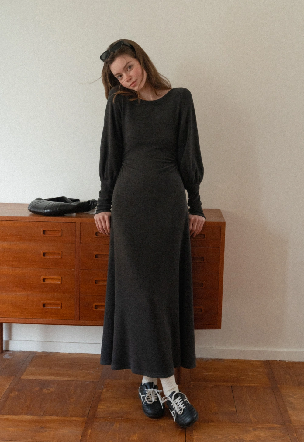 Women Long Sleeve Maxi Dress in Dark Gray