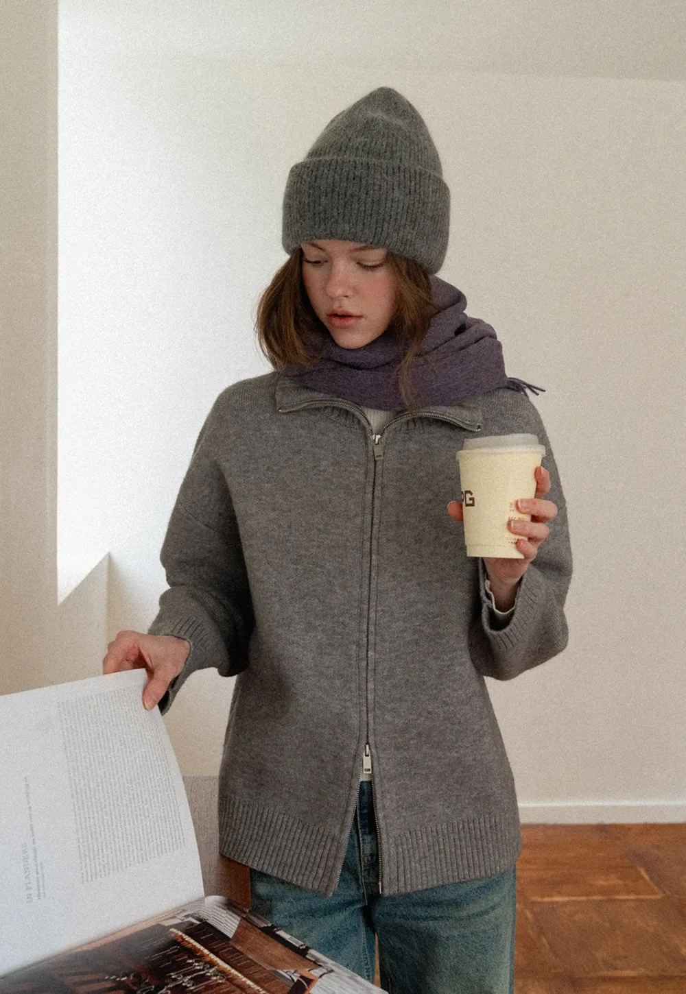 Women Grey Zip-Up Sweater with Ribbed Collar