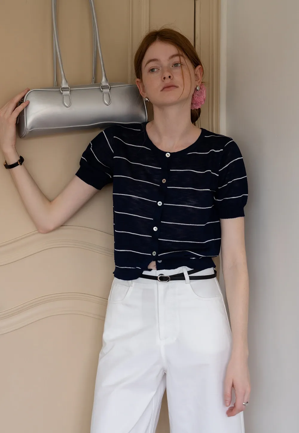 Women’s Striped Button-Down Short-Sleeve Cardigan