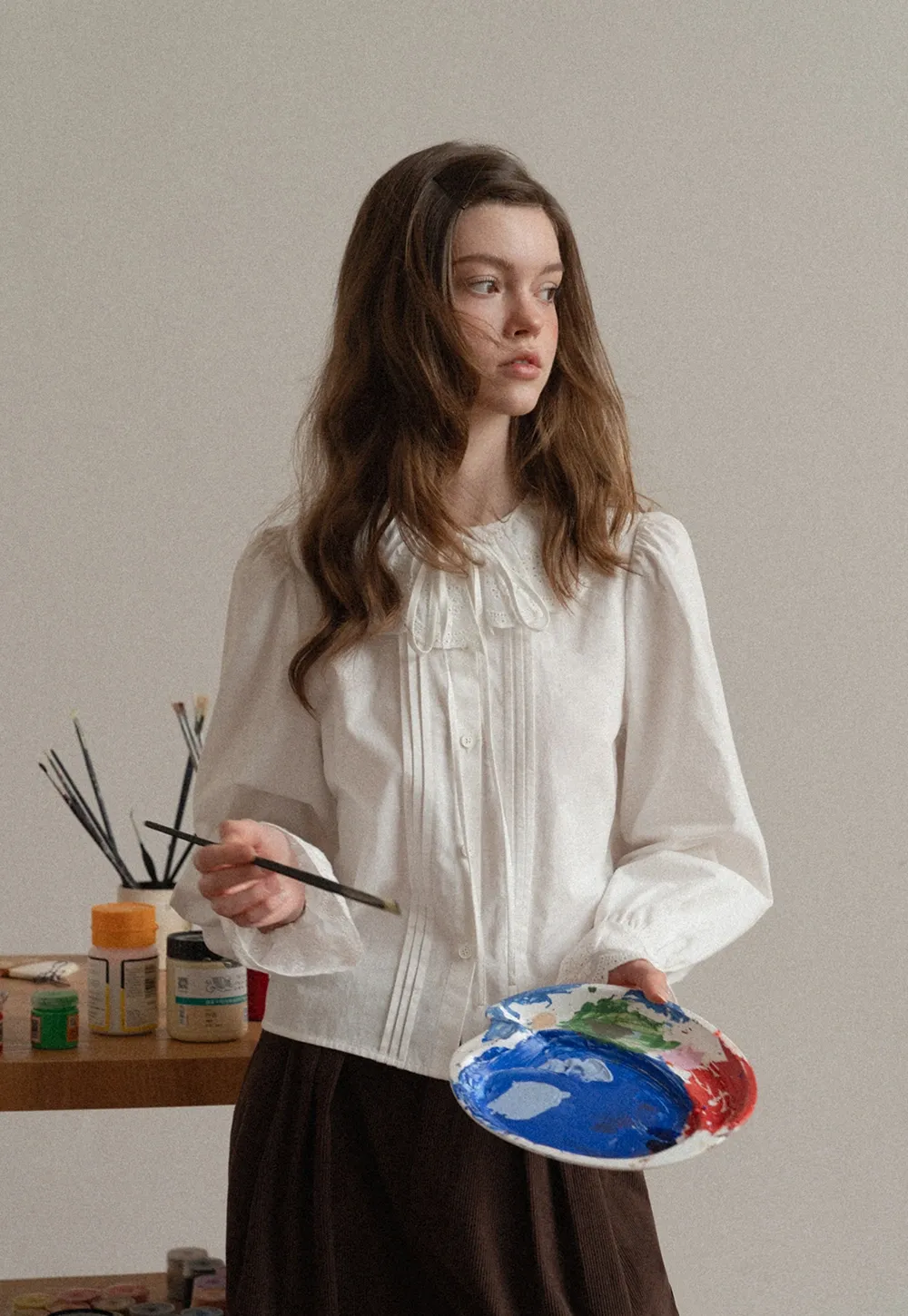 Vintage Style White Blouse with Lace Trim